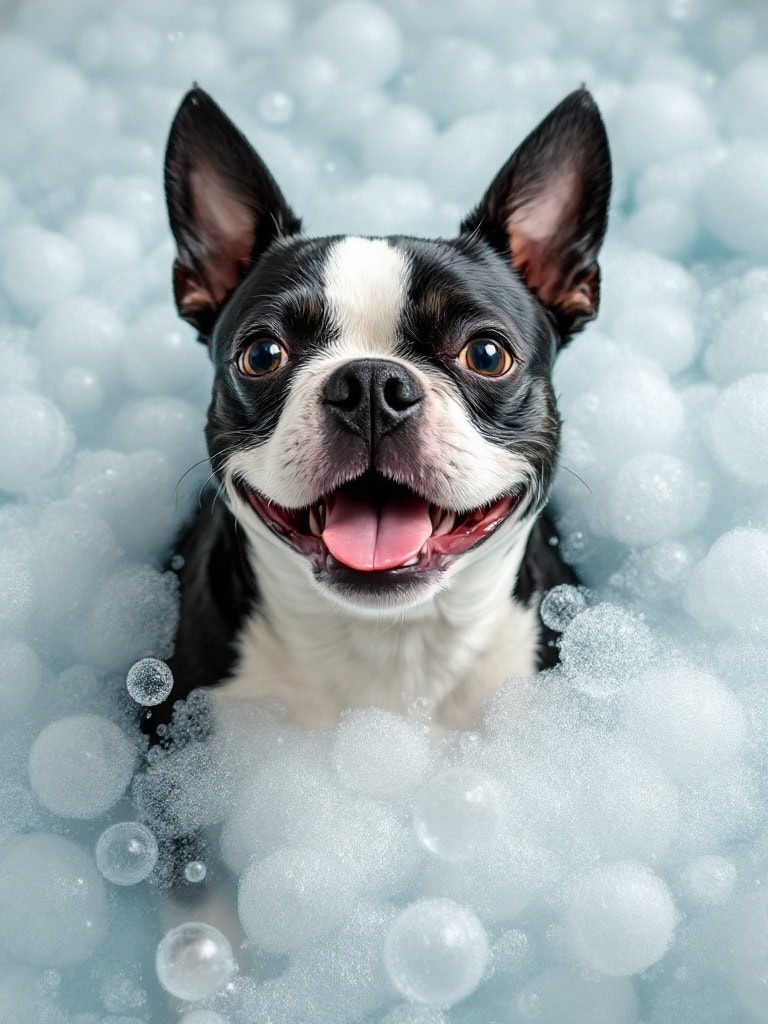 A smiling Boston Terrier in a bubble bath with bubbles surrounding its face.