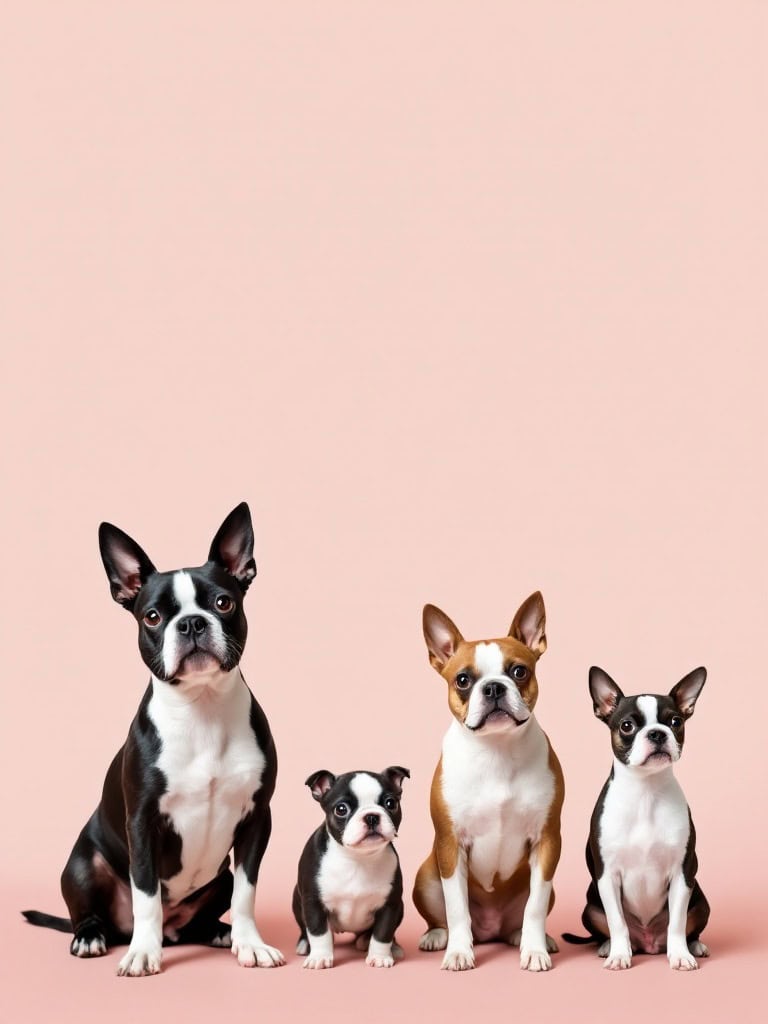 A group of Boston Terriers of various sizes and colors against a pink background.