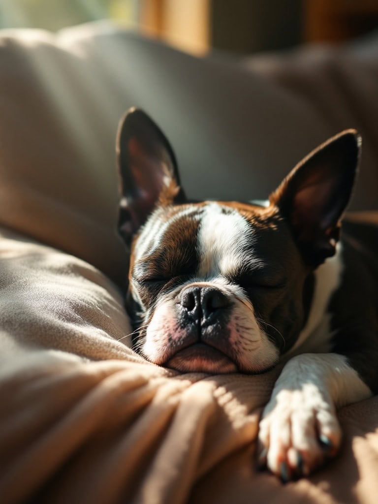 A sleepy Boston Terrier with a slight grin, resting on a soft blanket in sunlight.
