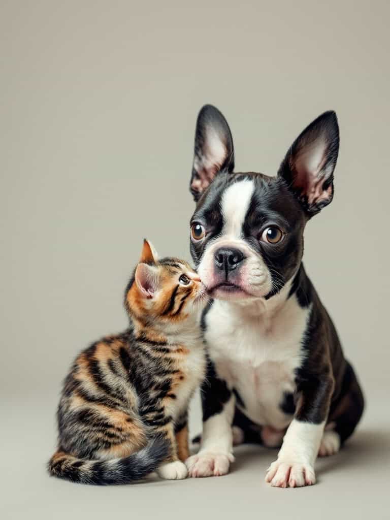 A Boston Terrier sitting next to a kitten, sharing a playful moment.