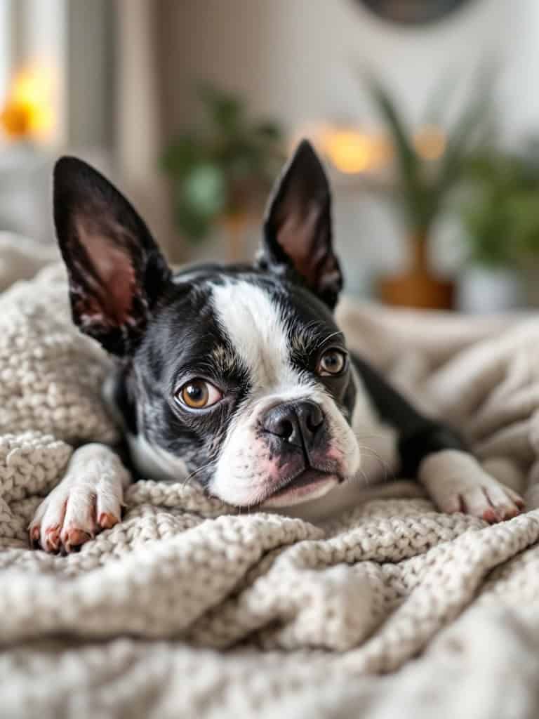 A Boston Terrier relaxing on a cozy blanket.