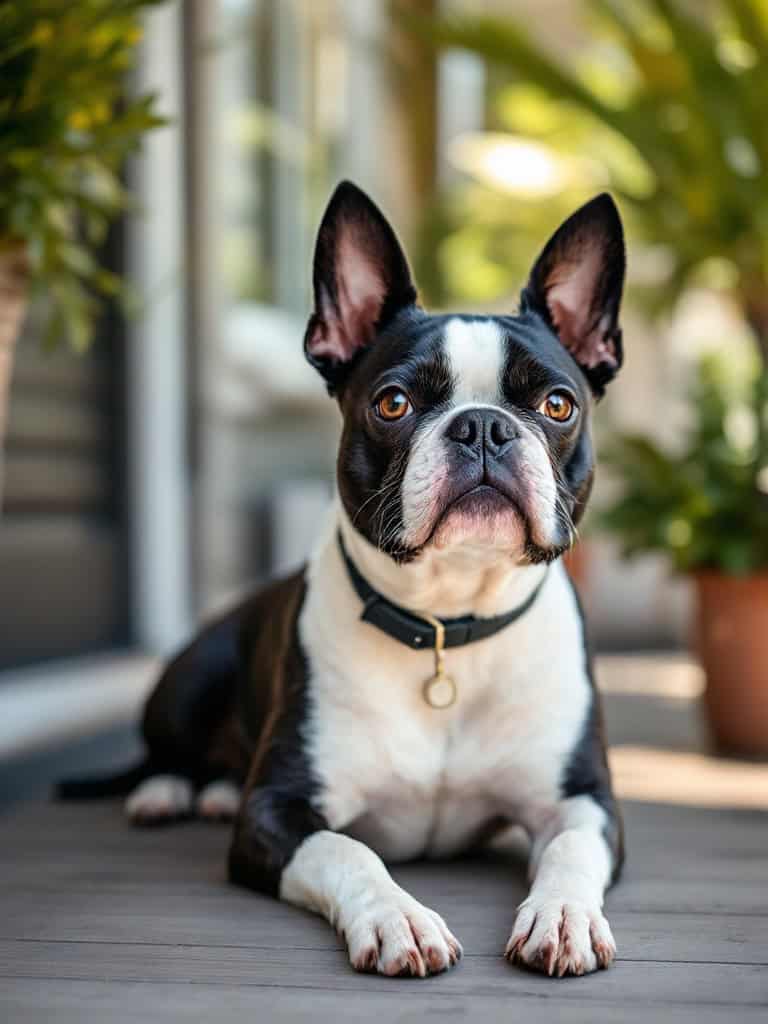 A close-up of a Boston Terrier with a cheerful expression.