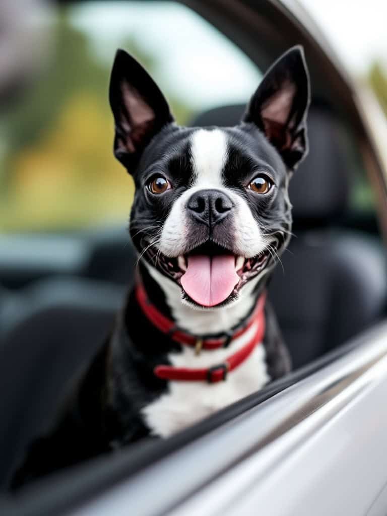 A cheerful Boston Terrier sitting in a car with its head out of the window.
