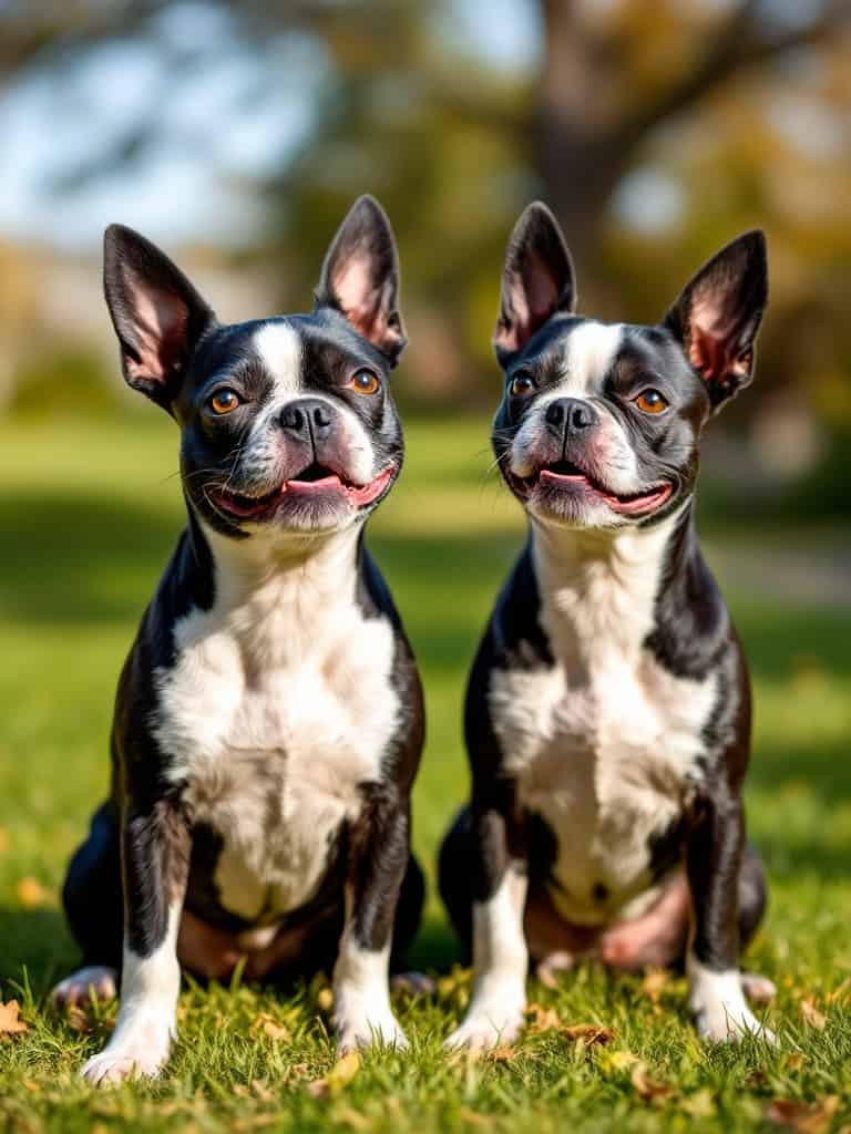 Two smiling Boston Terriers sitting side by side on grass.