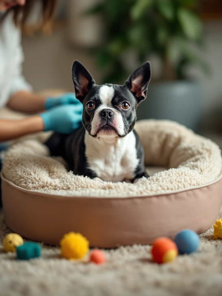 A Boston Terrier sitting comfortably in a pet bed surrounded by toys.