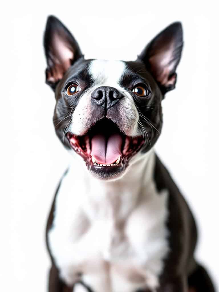 A happy Boston Terrier with a big smile and bright eyes.
