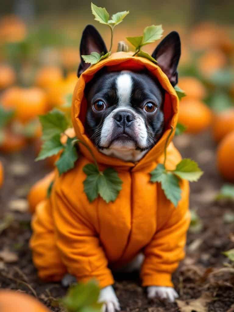 A Boston Terrier wearing a pumpkin costume with leaves in a pumpkin patch.