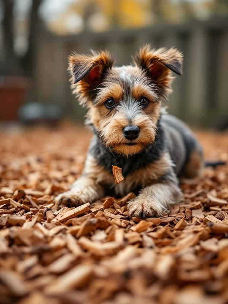 A terrier dog lying on cedar chips in a yard.