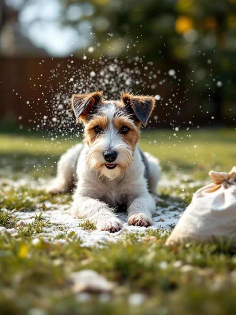 A terrier dog lying on the grass with diatomaceous earth being sprinkled around.