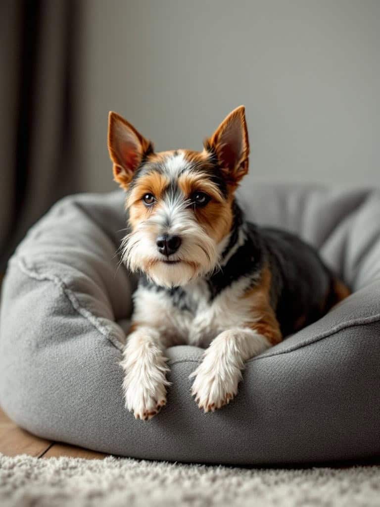 A terrier dog lounging comfortably on a soft dog bed.