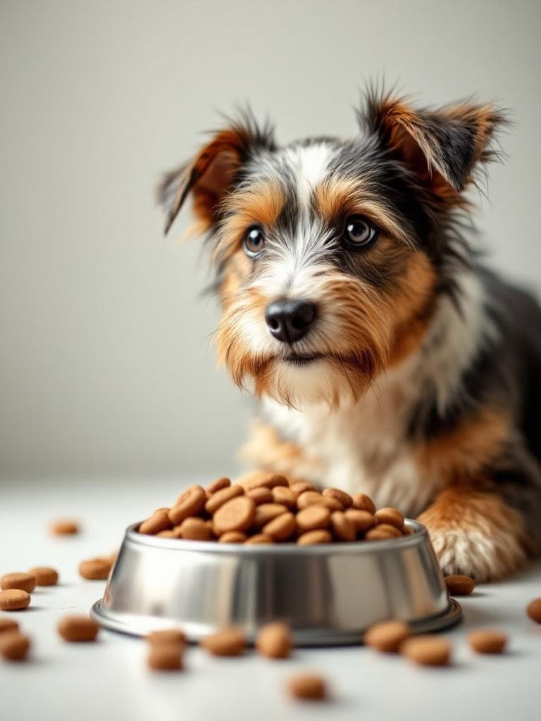 A cute terrier dog looking at a bowl of dog food.