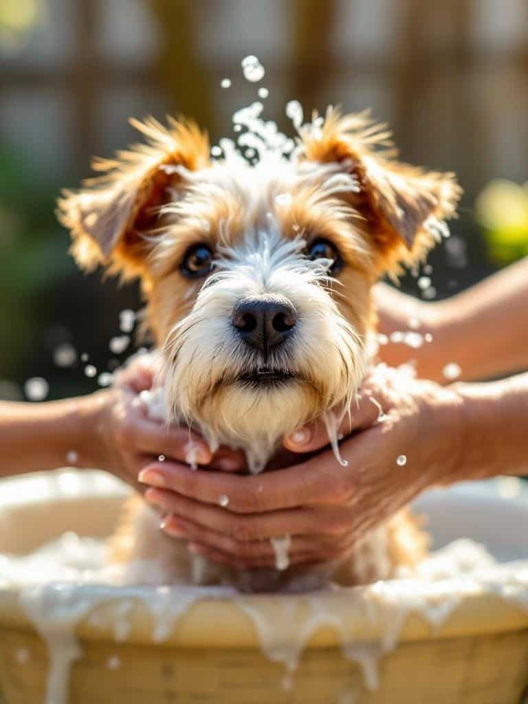 A terrier dog being bathed with homemade flea shampoo, water splashing around.