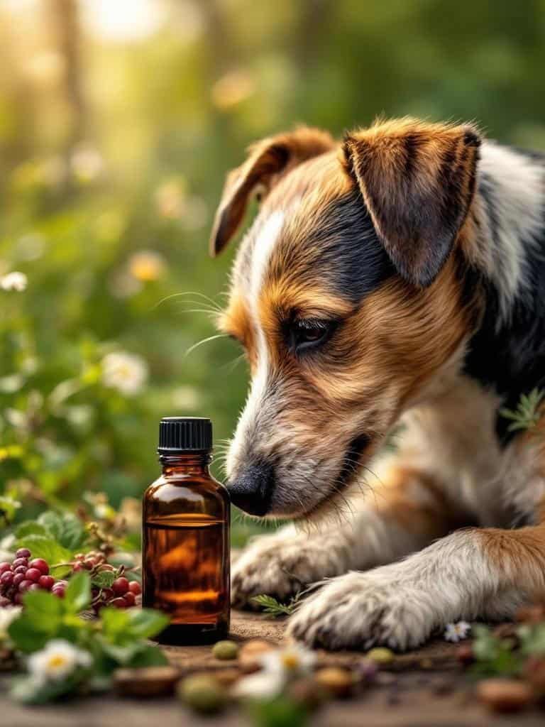 A bottle of essential oils with a terrier dog sniffing nearby, surrounded by natural herbs