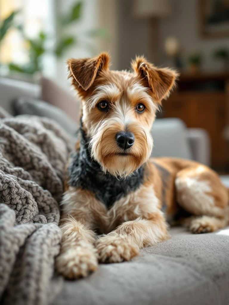 A terrier dog lounging on a couch, looking relaxed and content.