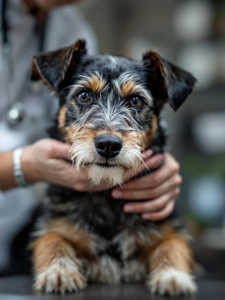 A close-up of a terrier dog being examined by a veterinarian.