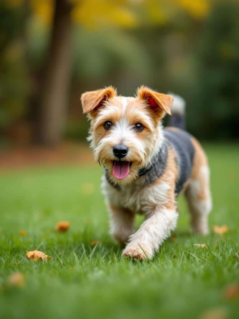 A happy terrier dog walking on a well-maintained lawn.