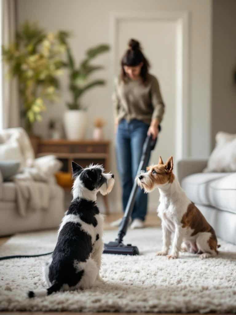 A woman vacuuming her living room with two terrier dogs sitting on a rug.