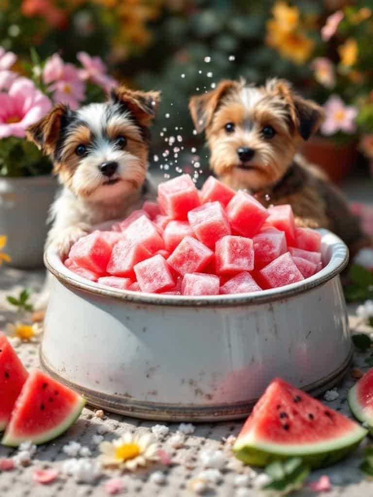 A bowl of watermelon ice cubes with two small dogs looking at the camera.