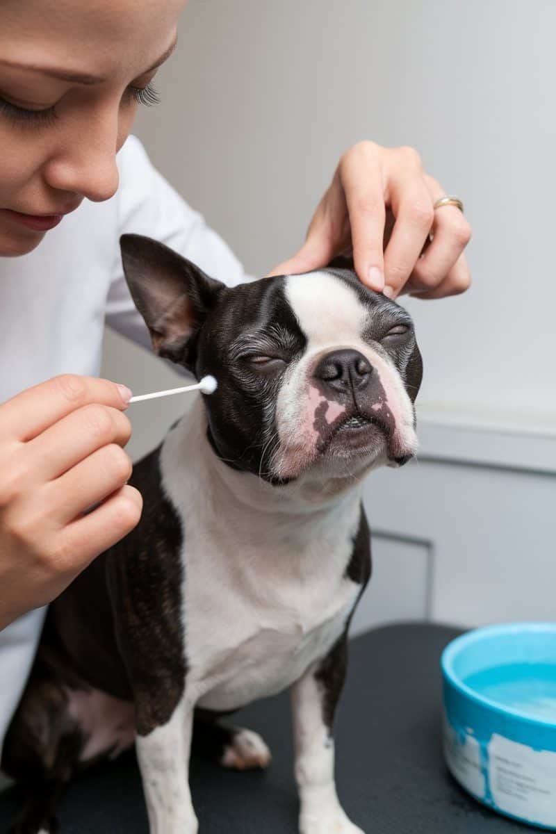 A close-up of a woman, presumably a veterinarian or pet caretaker, attending to a Boston Terrier dog.