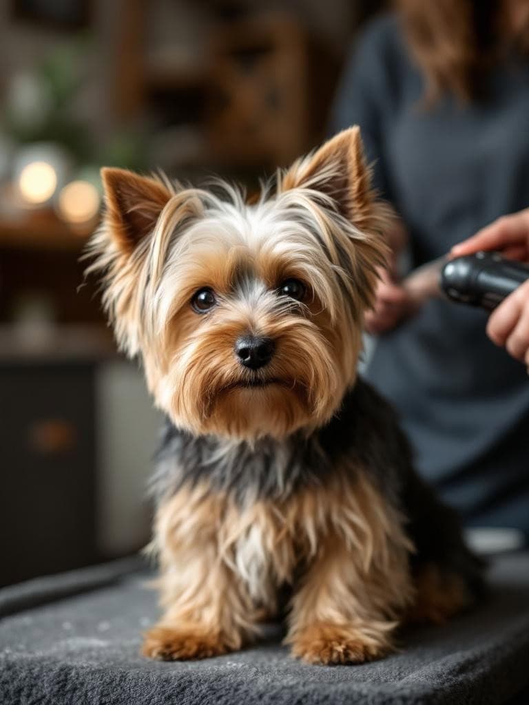 A Yorkshire Terrier being groomed, showcasing the importance of a regular grooming routine.
