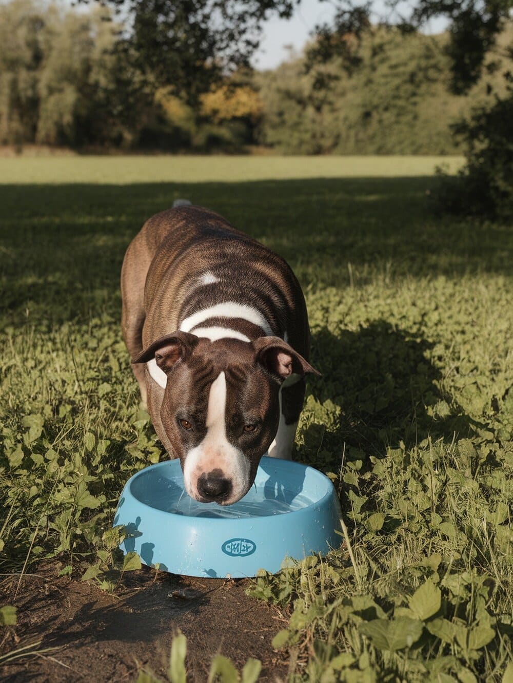 A Staffordshire Bull Terrier drinking water from a stainless steel bowl, with water droplets splashing.