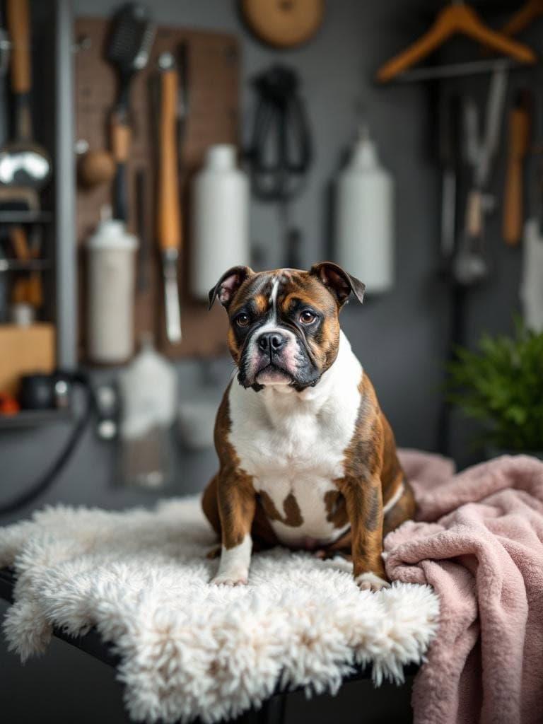 A Staffordshire Bull Terrier sitting on a fluffy surface in a grooming space with tools in the background.