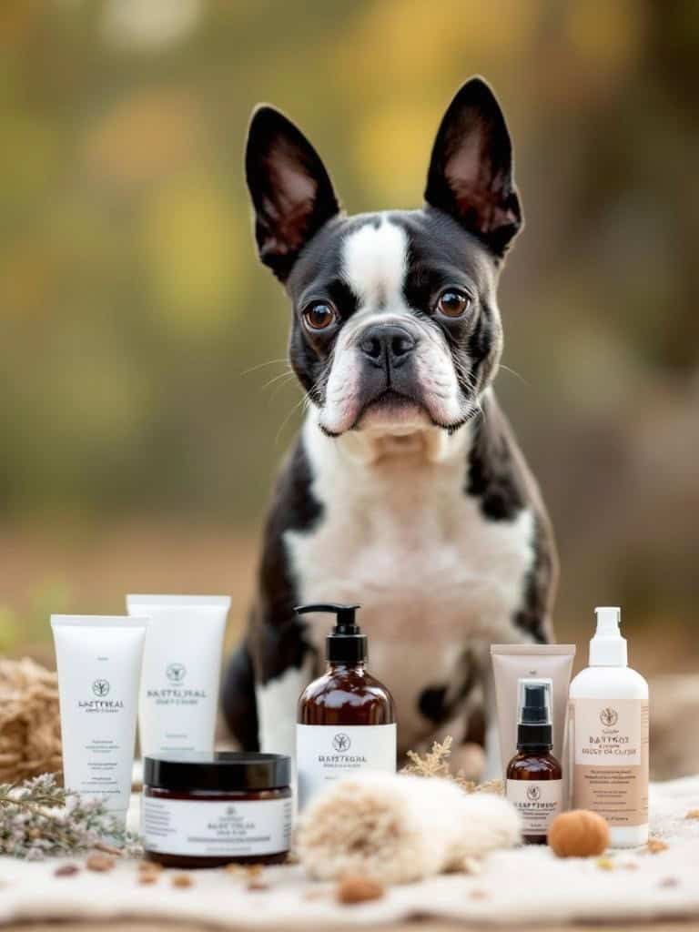 A Boston Terrier surrounded by various natural grooming products.