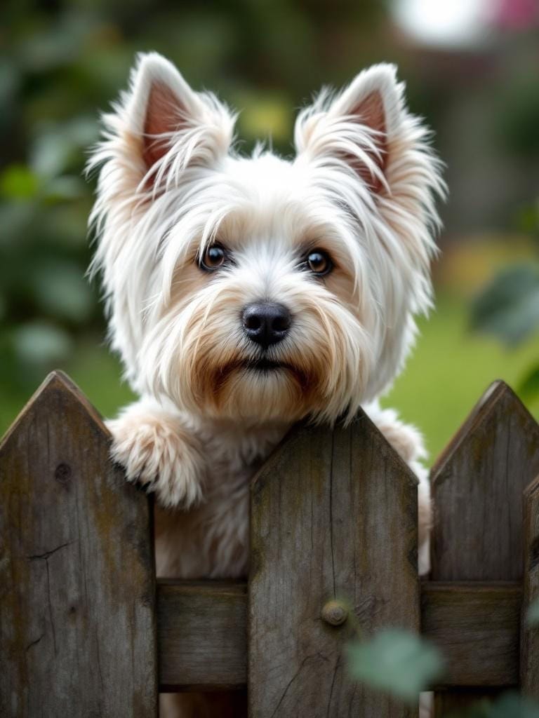 A Westie Terrier with a stylish fringe hairstyle, peeking over a wooden fence.