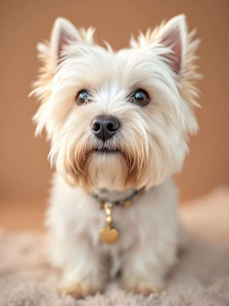 A close-up of a West Highland White Terrier with a fluffy coat and bright eyes.