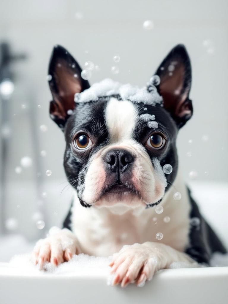 A Boston Terrier in a bubbly bath, looking cute and clean.