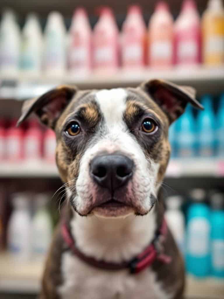 A variety of natural dog shampoos displayed on a shelf, showcasing different labels and ingredients.