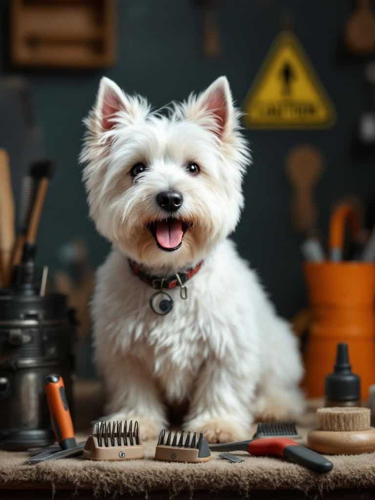 A cheerful West Highland White Terrier sitting in front of grooming tools.