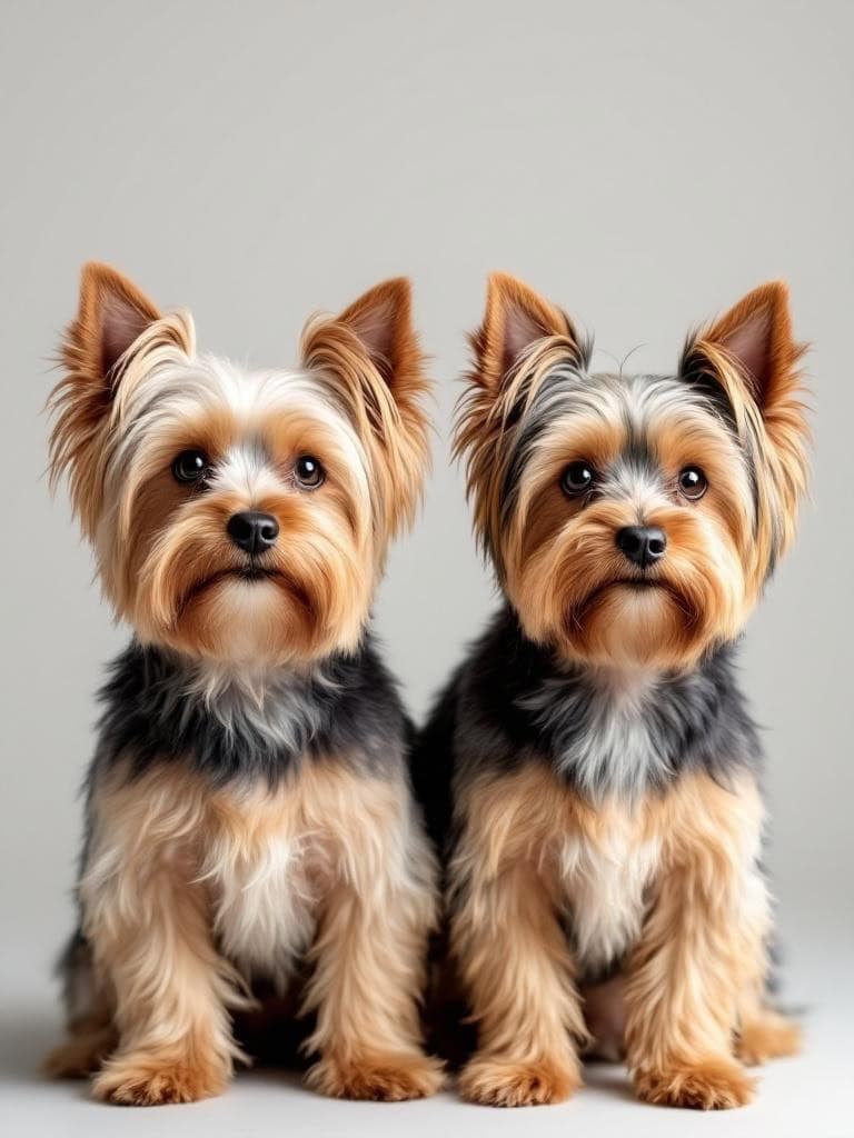 Two Yorkshire Terriers sitting side by side, showcasing their well-groomed fur and adorable expressions.