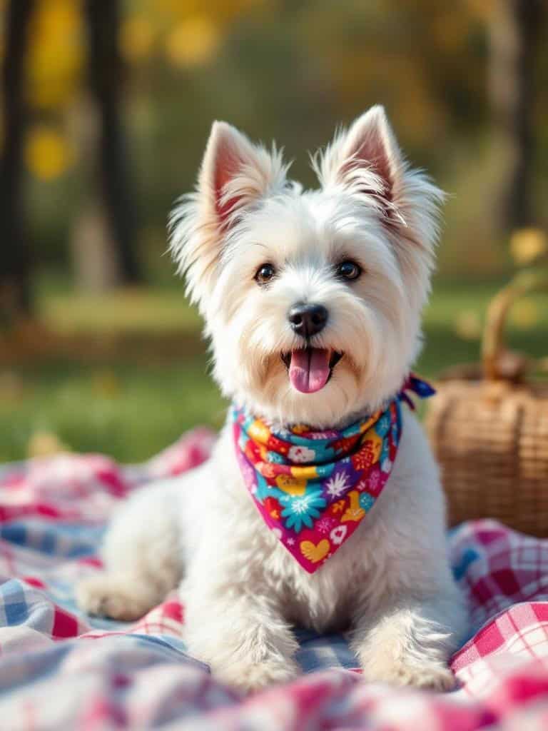 Westie Terrier wearing a colorful bandana, sitting on a blanket outdoors.