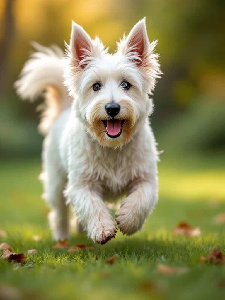 A happy Westie Terrier with a fluffy tail running in a grassy area.