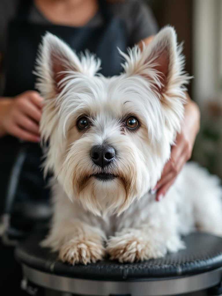 A West Highland White Terrier being groomed by a person.