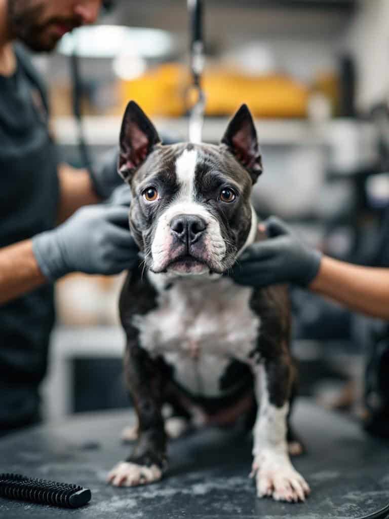 A Staffordshire Bull Terrier being groomed by a professional in a grooming salon.