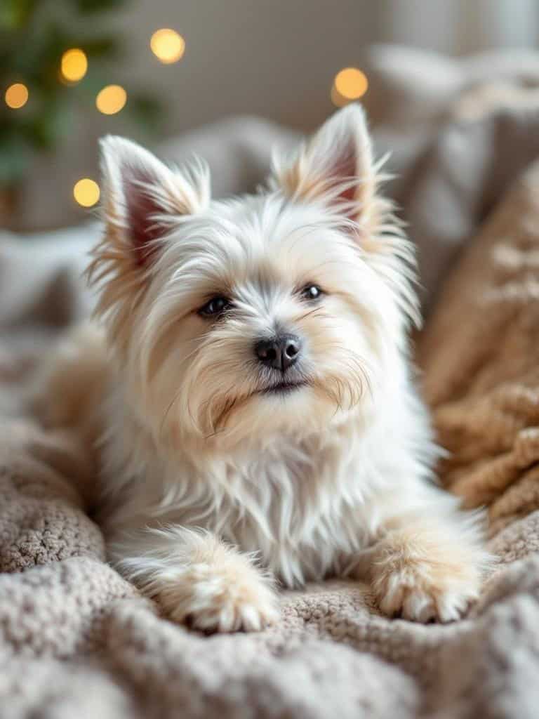 A West Highland White Terrier resting on a cozy blanket with essential oil bottles nearby.
