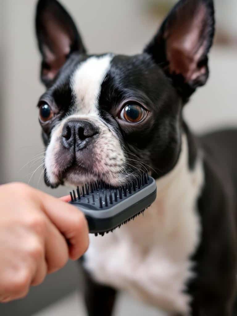 A Boston Terrier being brushed with a grooming brush.