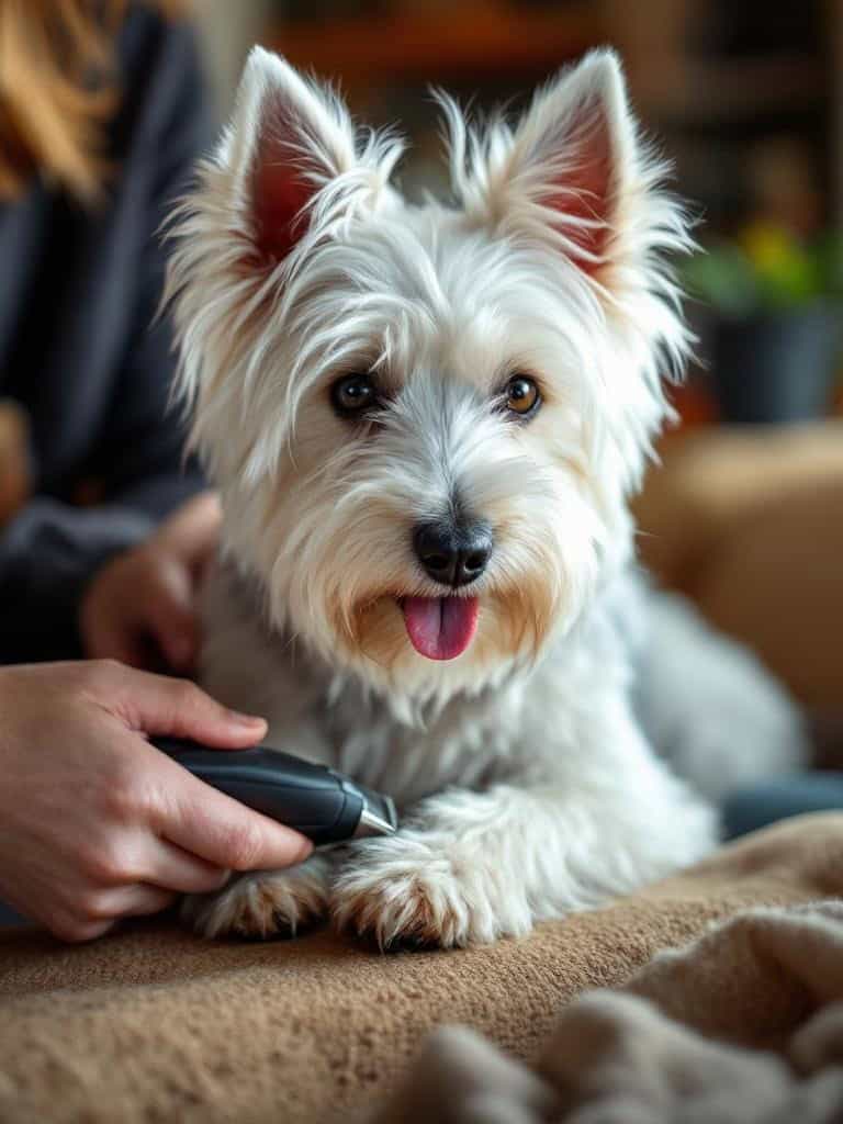 A West Highland White Terrier getting its nails trimmed