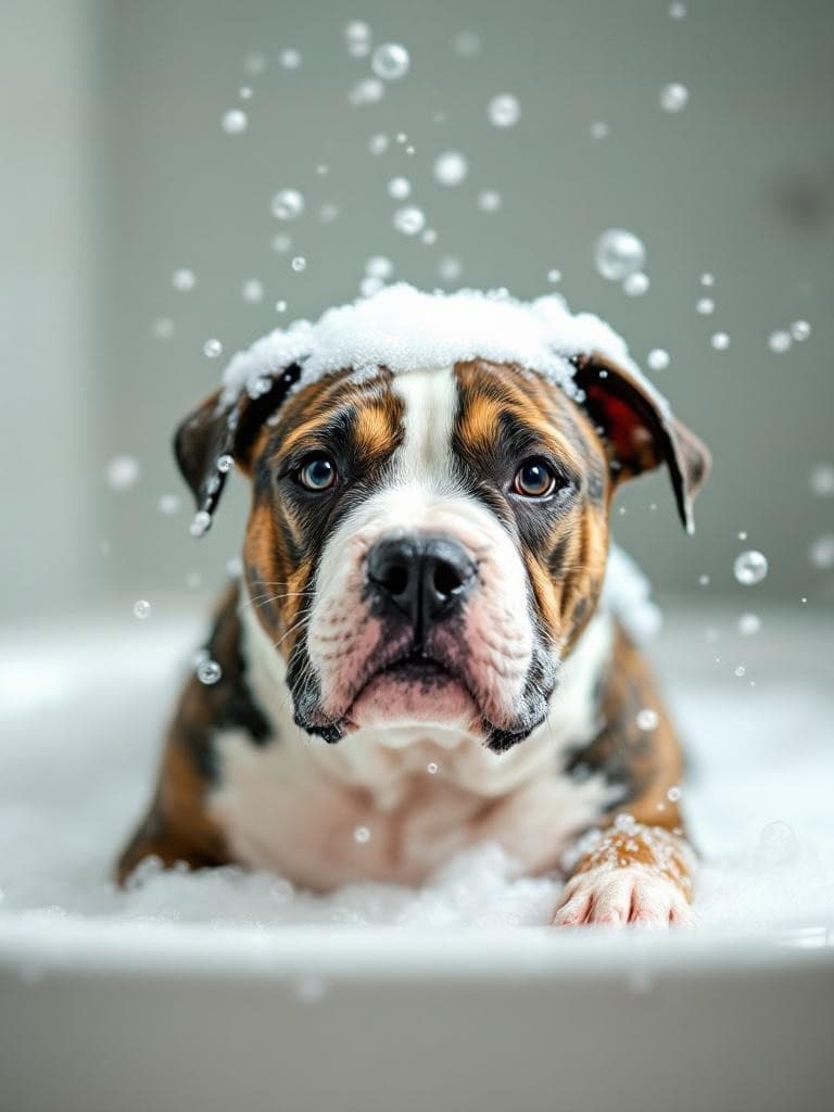 A Staffordshire Bull Terrier enjoying a bubbly bath with soap suds.