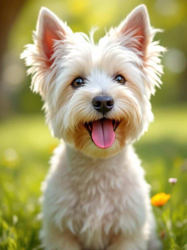 A happy West Highland White Terrier with a bright smile, sitting in a grassy field with flowers.