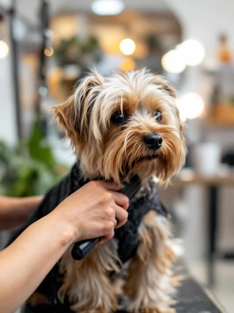 A Yorkshire Terrier being groomed with a brush by a groomer.