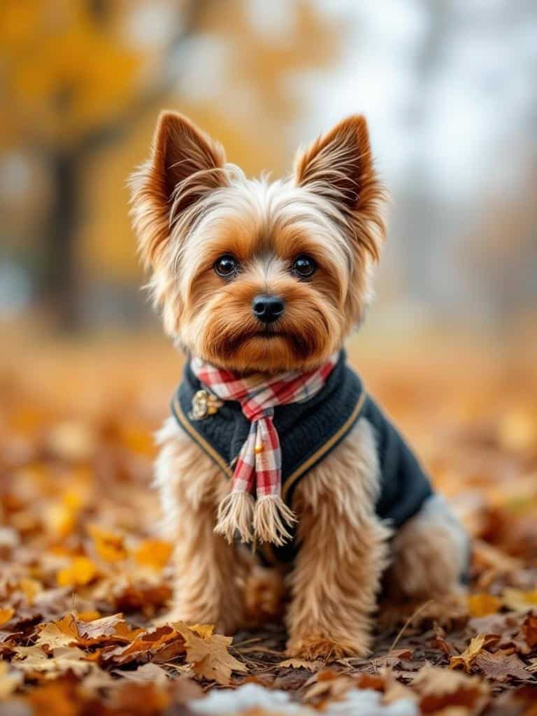 A Yorkshire Terrier wearing a scarf and sweater sitting among autumn leaves.