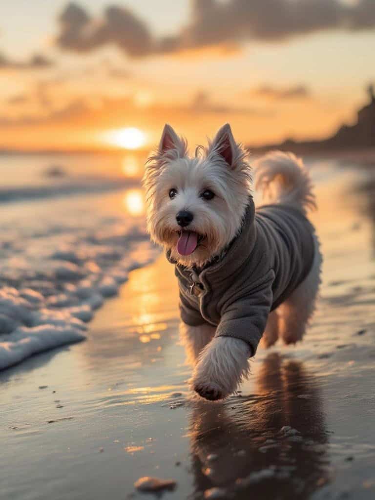 Westie Terrier running on the beach during sunset