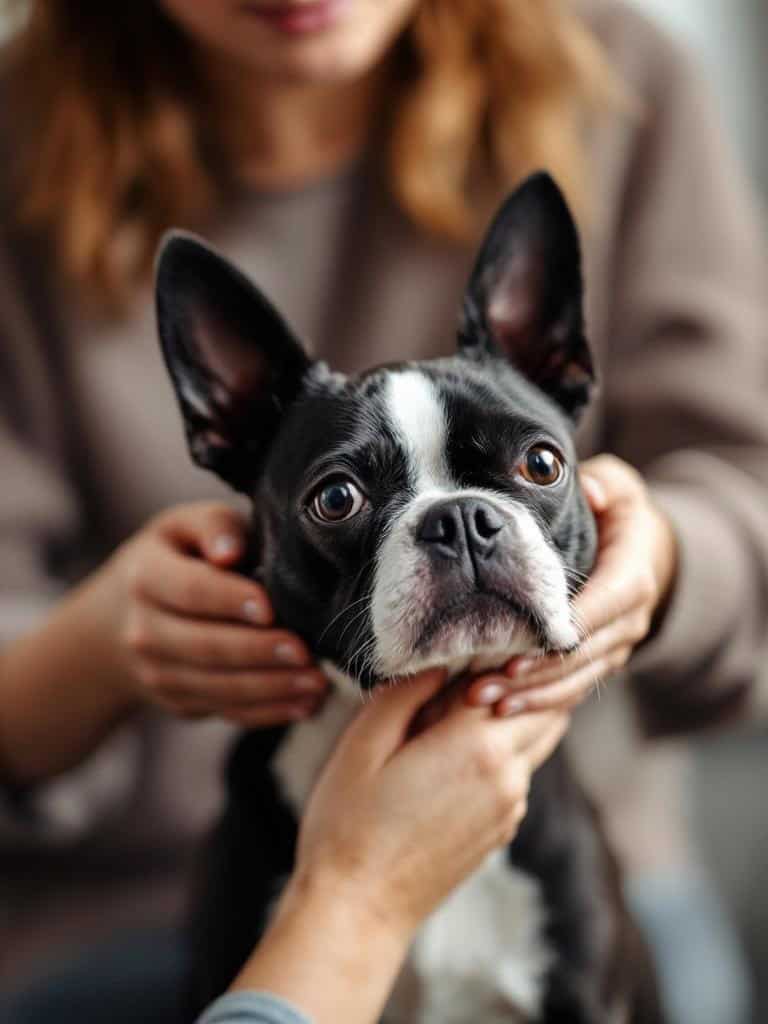 A person gently grooming a Boston Terrier, showcasing a bonding moment.