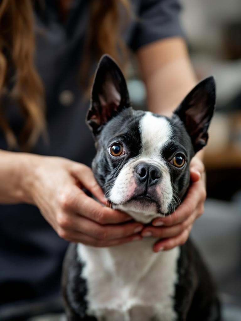 A Boston Terrier being gently held by a person, showcasing the importance of care in grooming.