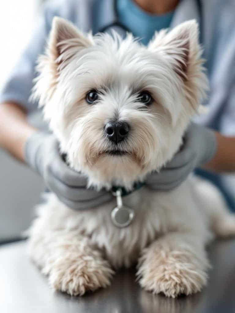 A West Highland White Terrier at a vet check-up.