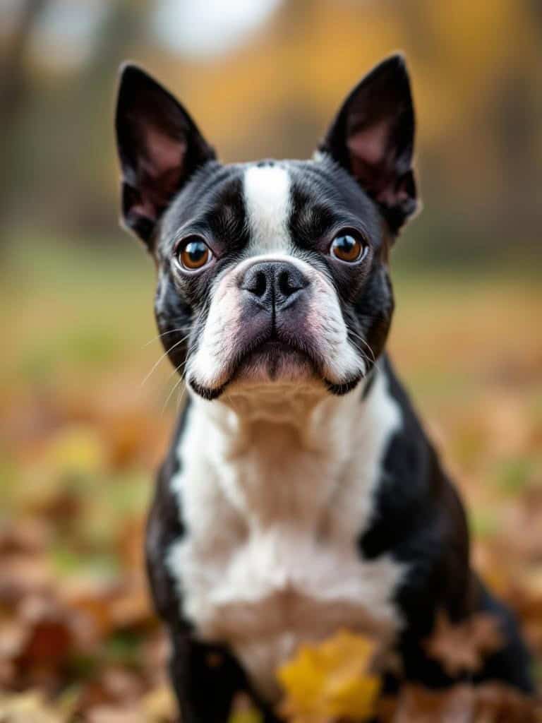 A Boston Terrier sitting in a field of autumn leaves, showcasing its shiny black and white coat.