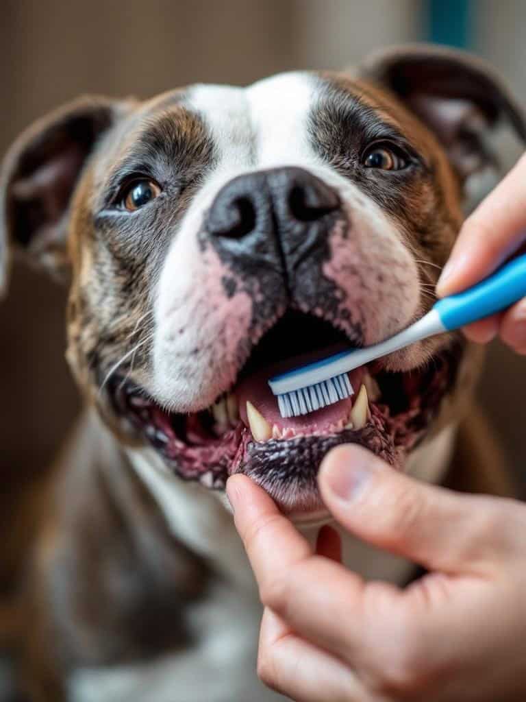 A Staffordshire Bull Terrier having its teeth brushed with two toothbrushes, showing a friendly expression.